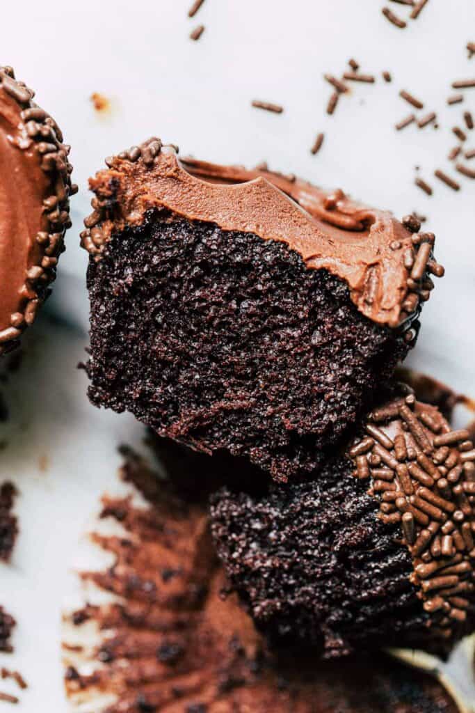 the inside of a moist chocolate cupcake
