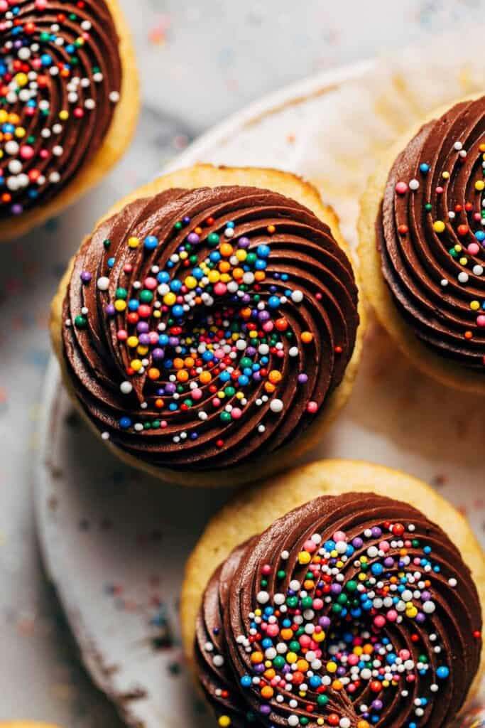 sprinkles on top of a swirl of chocolate frosting