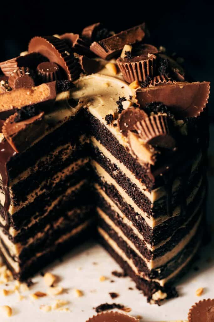 inside a sliced chocolate cake with peanut butter frosting