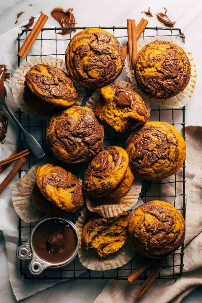 chocolate pumpkin muffins on a cooling rack