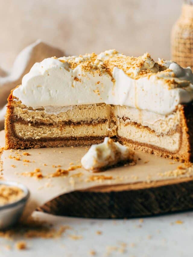 the inside of a cheesecake baked with a double graham cracker crust