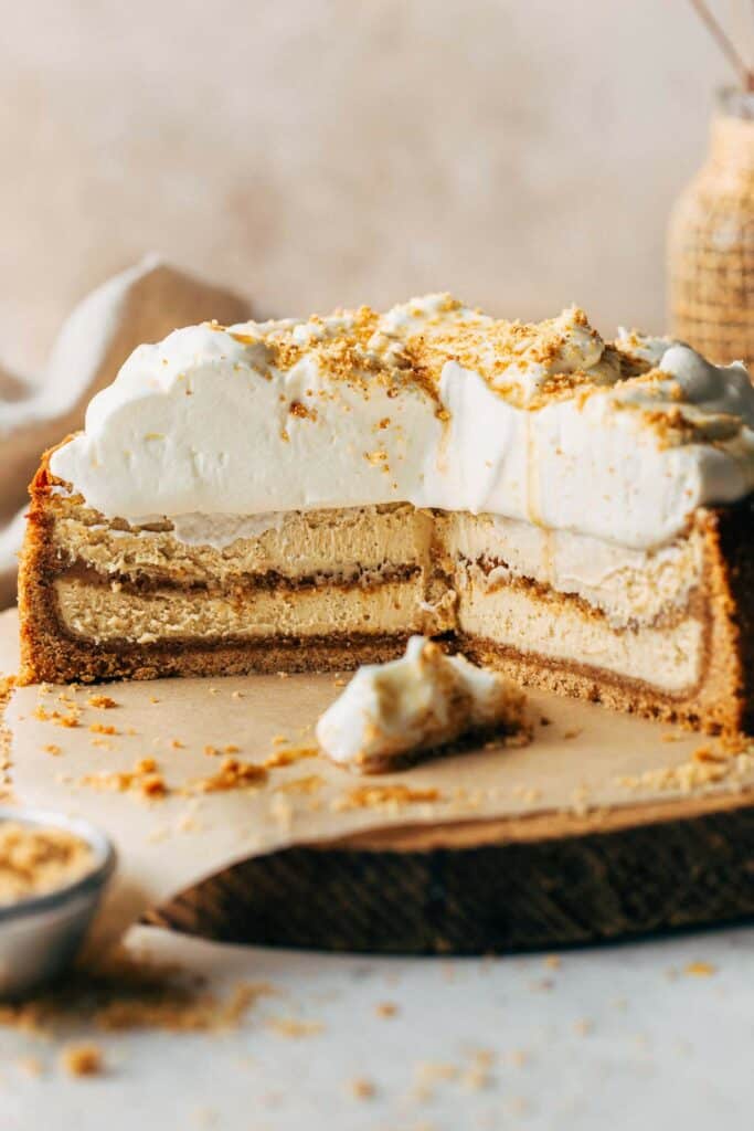 the inside of a cheesecake baked with a double graham cracker crust