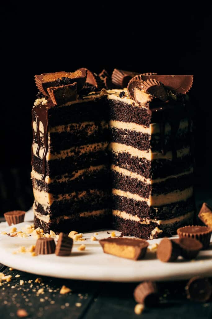 inside a sliced 6 layer peanut butter chocolate cake