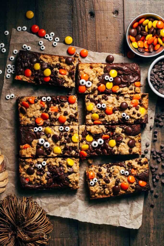 the top of sliced monster cookie bars