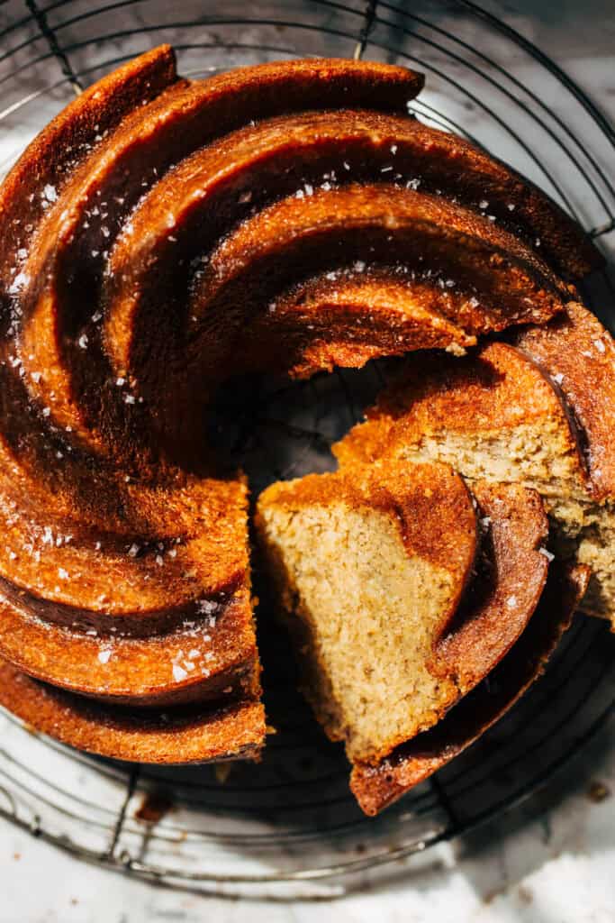 the top of a sliced banana bundt cake