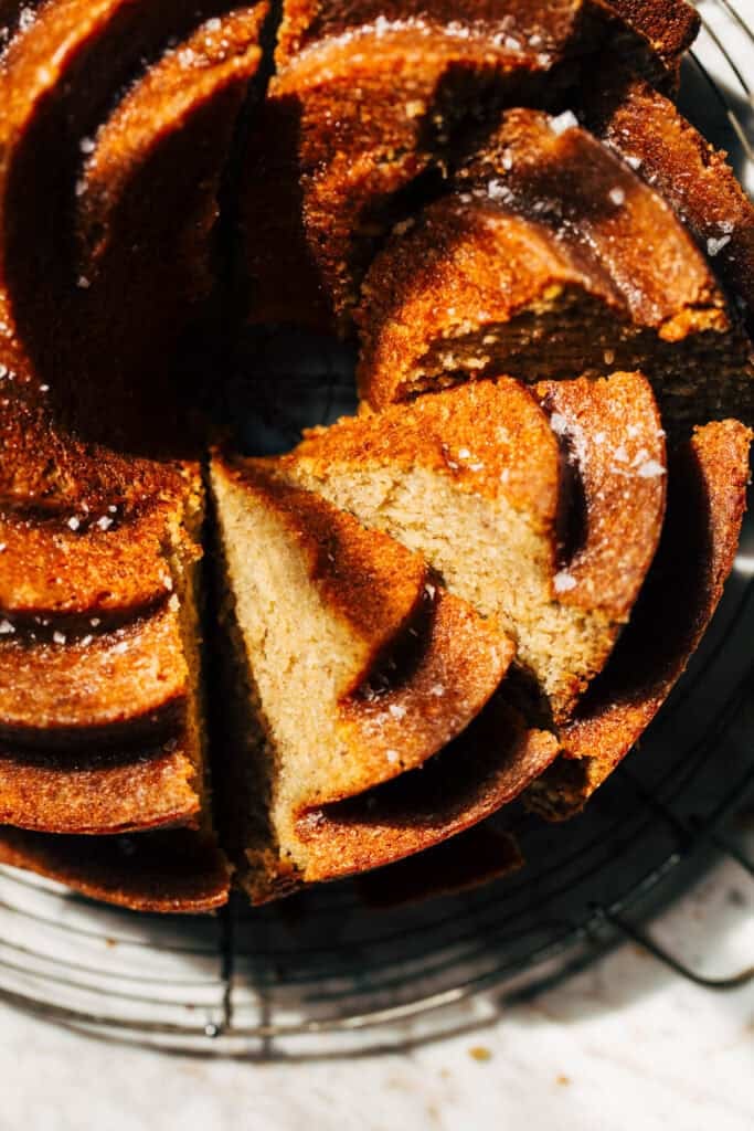 the top of a sliced banana bundt cake