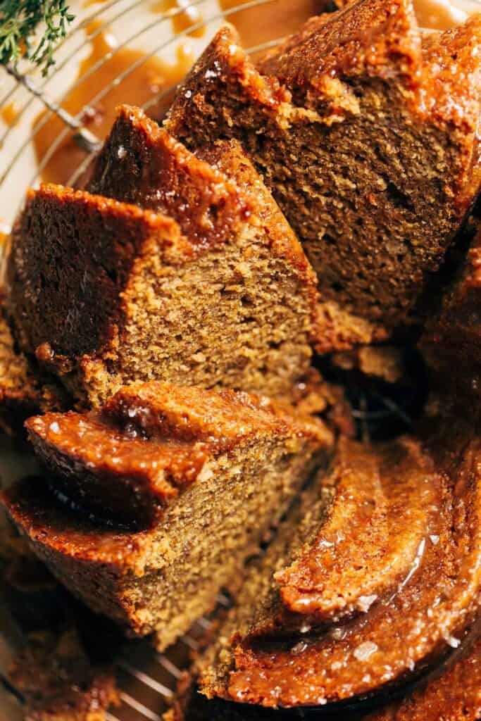 close up on slices of banana bundt cake