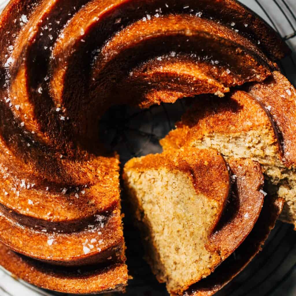 the top of a sliced banana bundt cake