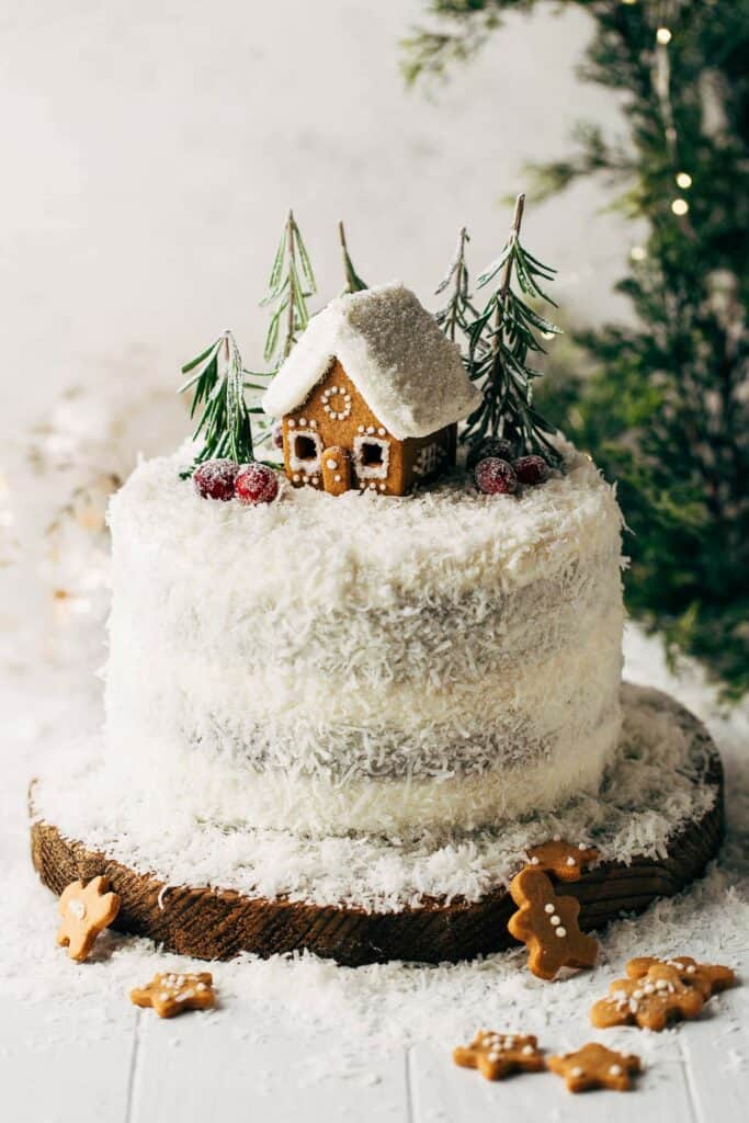 gingerbread cake covered in shredded coconut