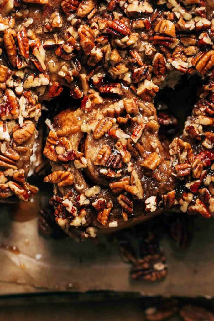 close up on the top of a pecan sticky bun