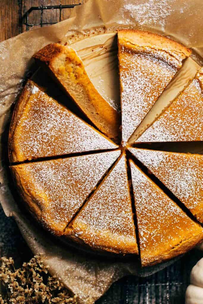 the top of a sliced pumpkin butter cake