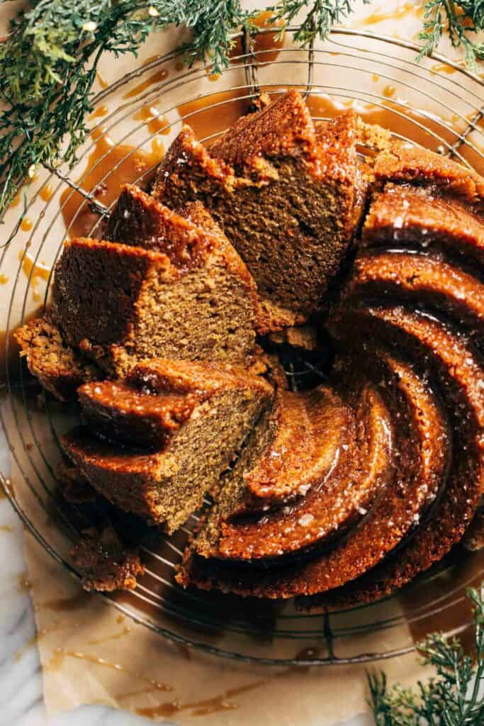 the top of a sliced banana bundt cake