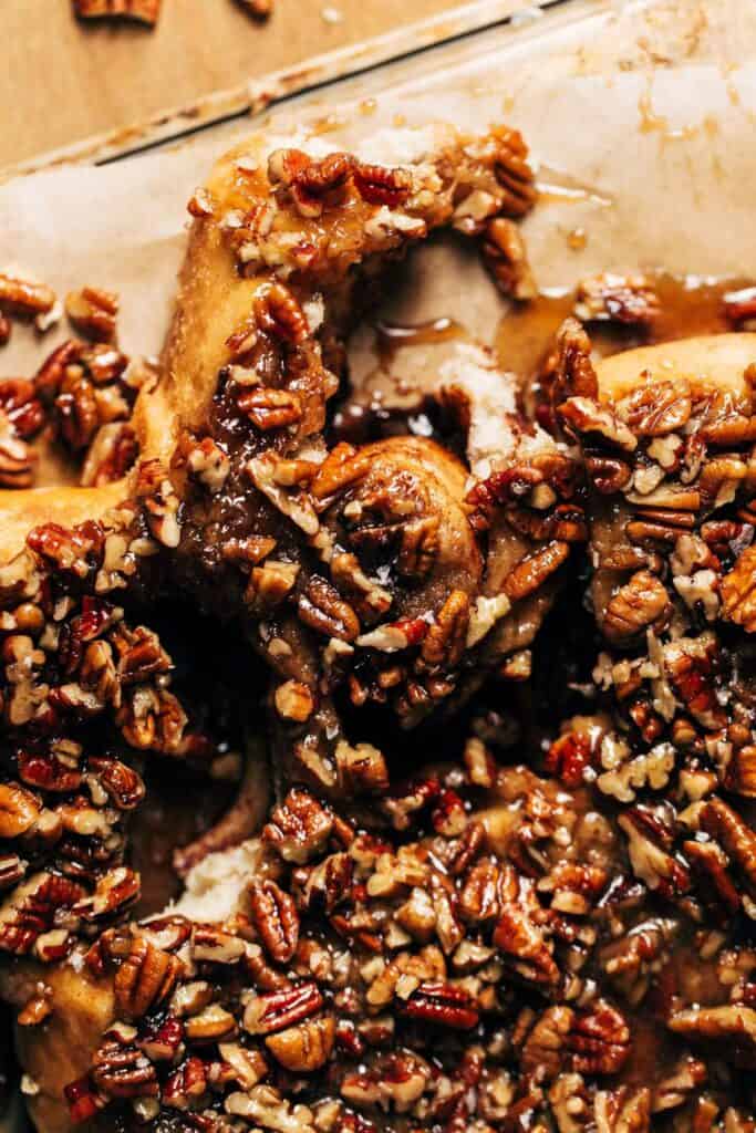 close up on an unraveled maple pecan sticky bun