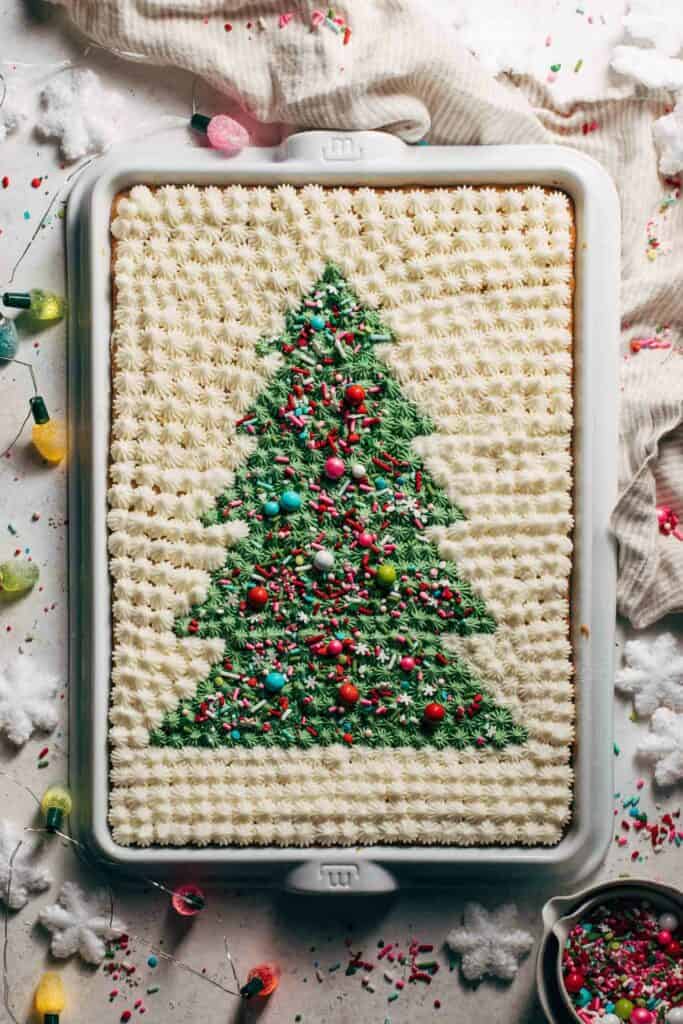 sugar cookie bars decorated with a frosted Christmas tree