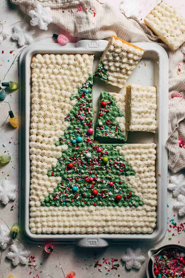 sugar cookie bars decorated with a frosted Christmas tree