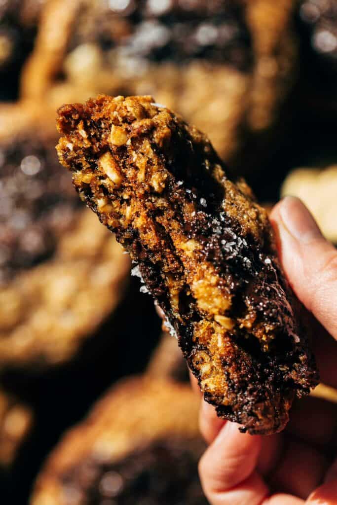 a double chocolate graham cracker cookie split in half