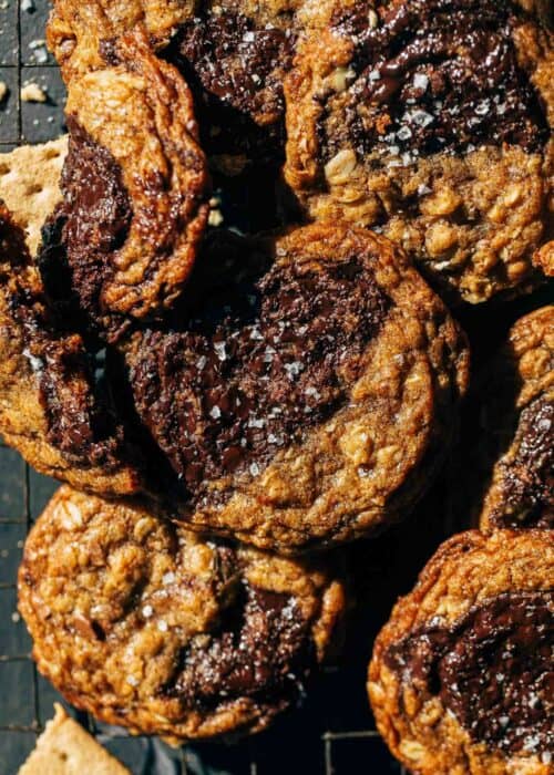 dark chocolate graham cracker cookies on a cooling rack