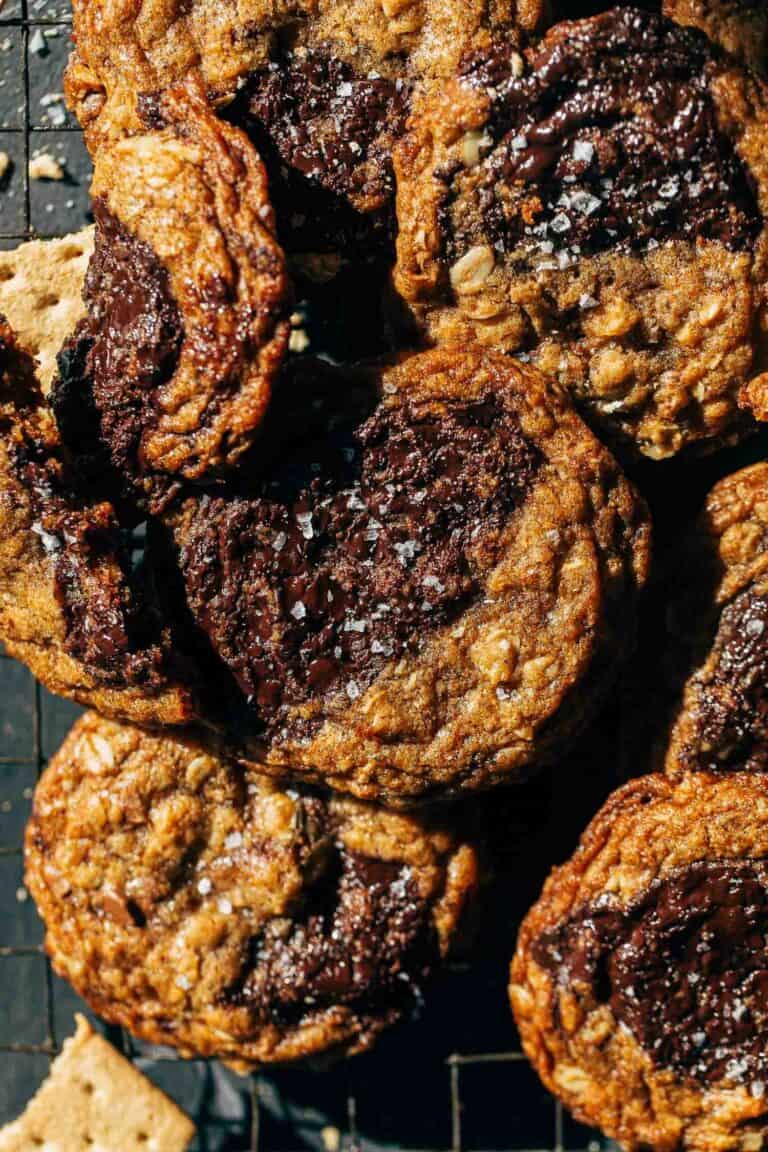 dark chocolate graham cracker cookies on a cooling rack