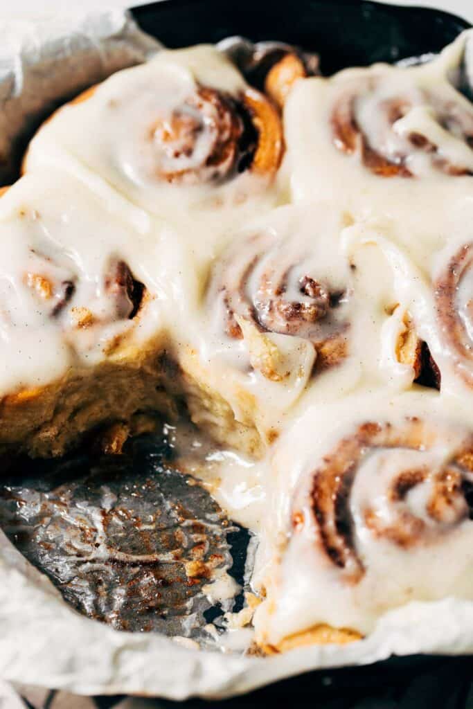 inside a pan of gluten free cinnamon rolls