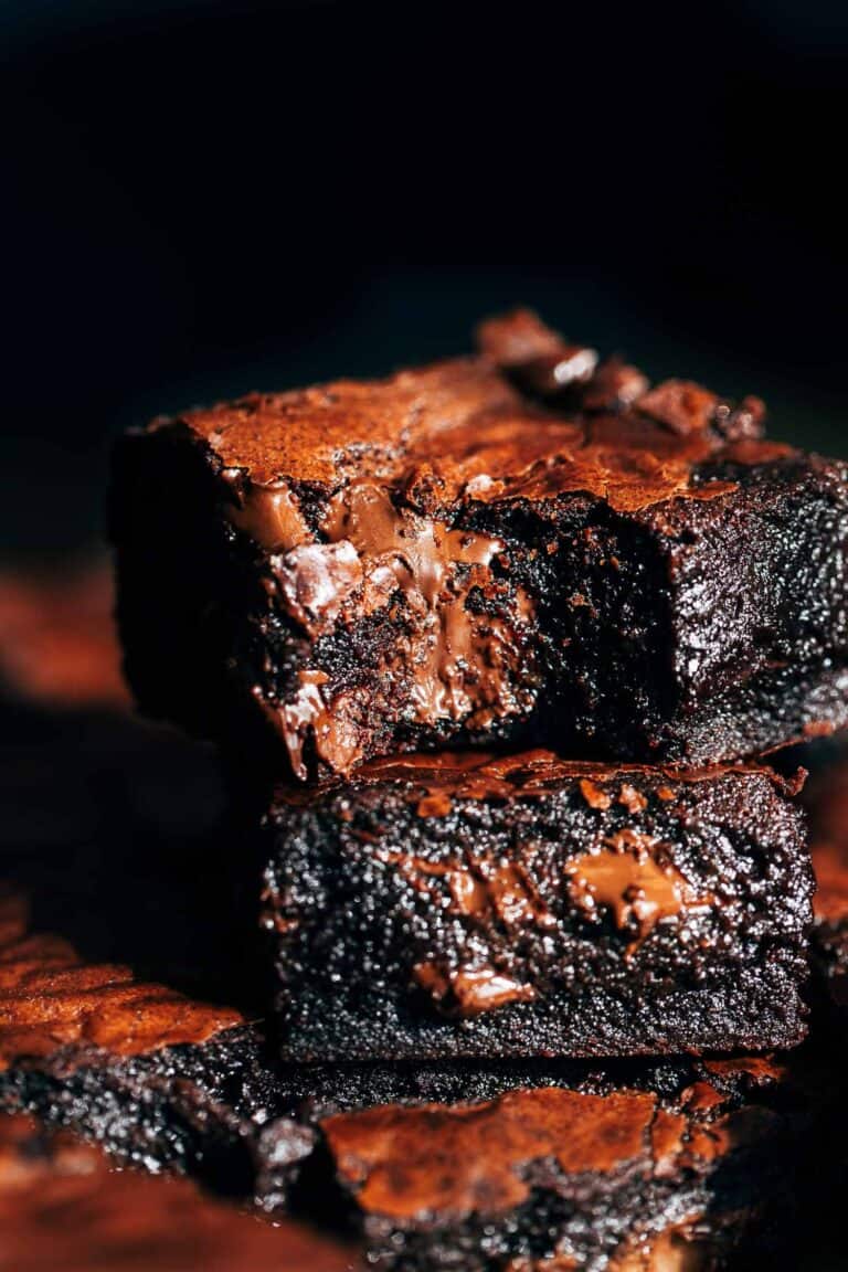 close up on a bite taken from a fudgy brownie