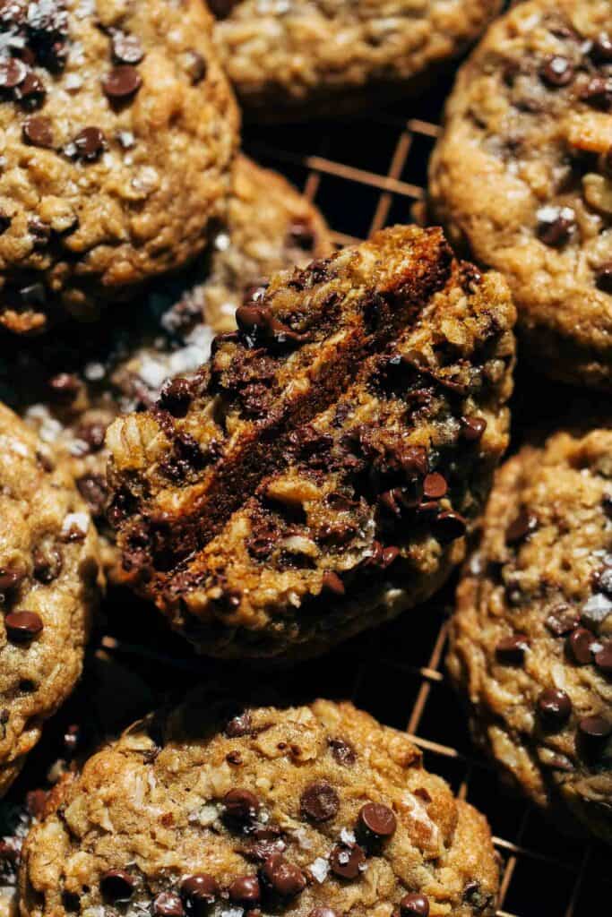 inside a gooey oatmeal chocolate chip cookie