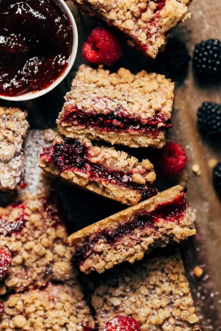 berry crumble bars on their side