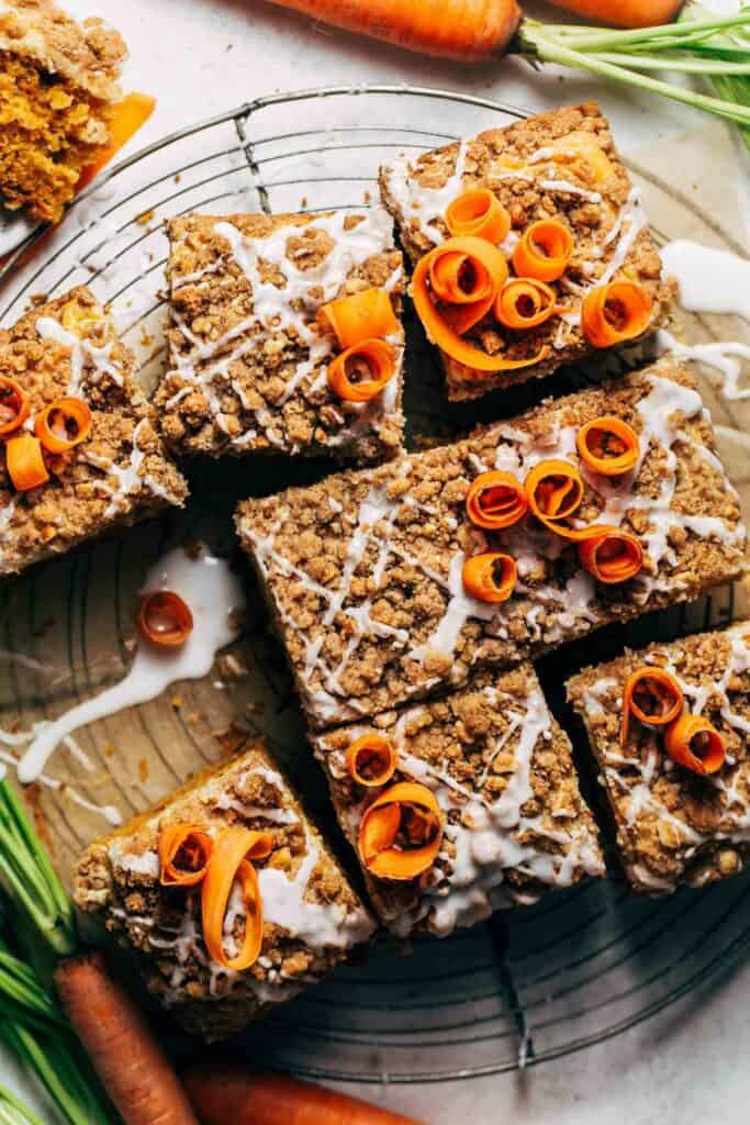 the top of a sliced carrot coffee cake