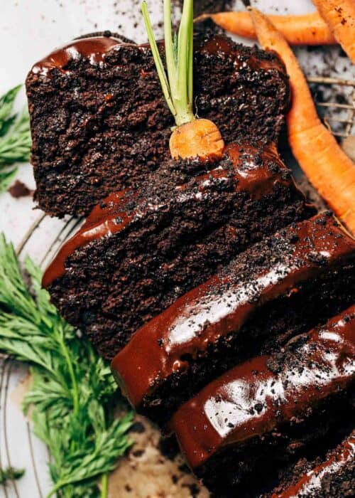 close up on moist slices of chocolate carrot cake