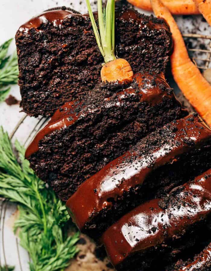 close up on moist slices of chocolate carrot cake