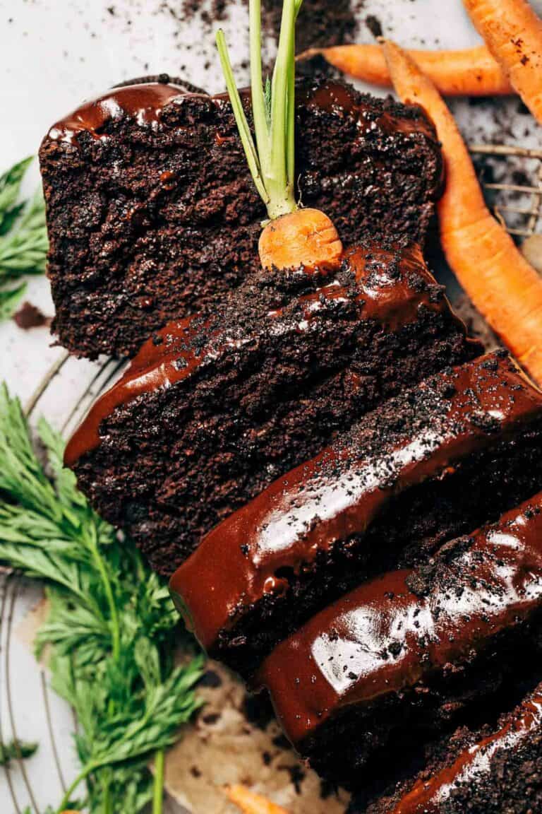 close up on moist slices of chocolate carrot cake