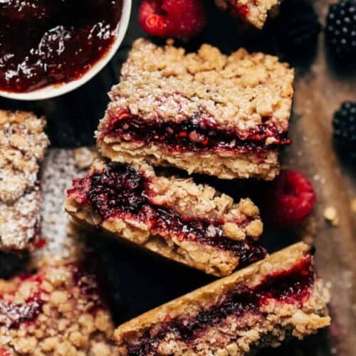 berry crumble bars on their side