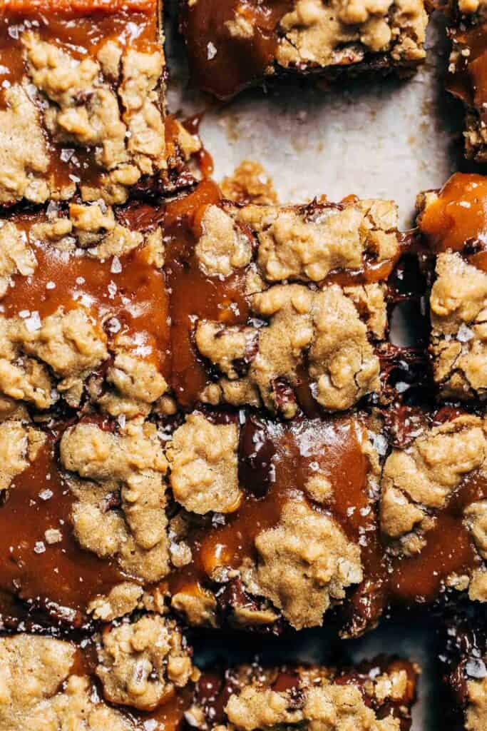 the tops of gooey salted caramel cookie bars