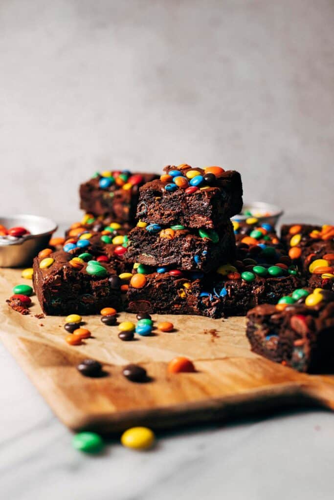 a stack of m&m brownies