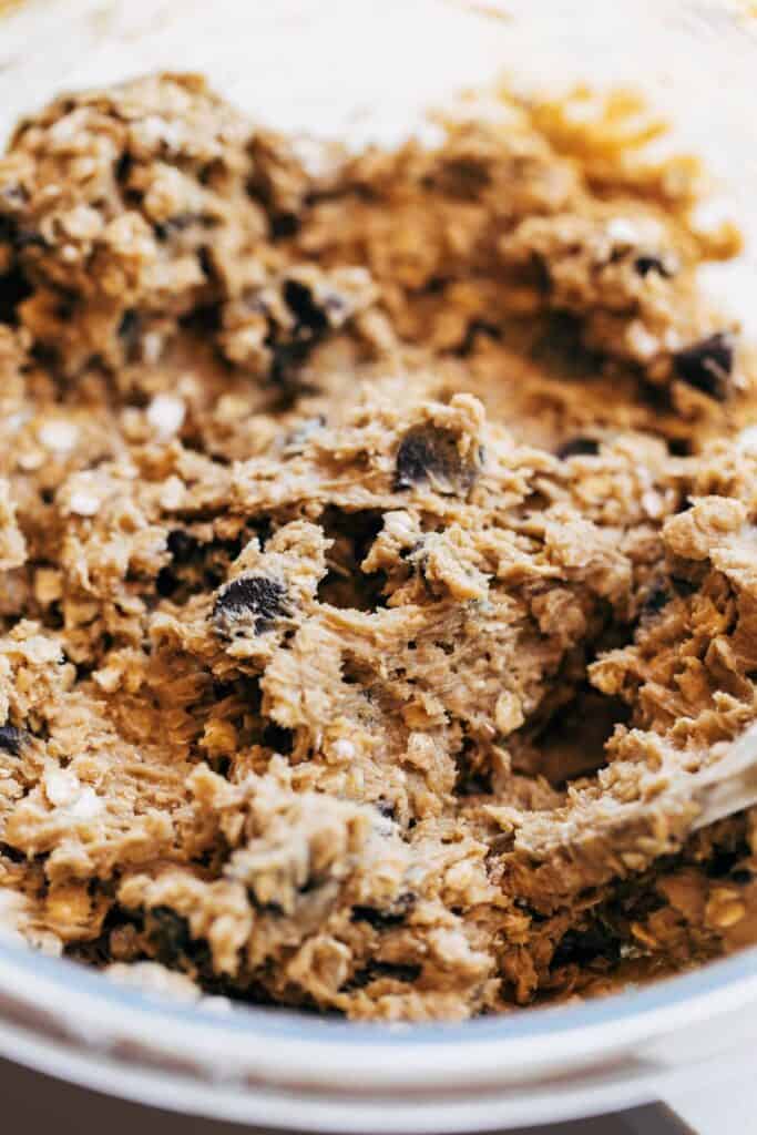 a bowl of chocolate chip oatmeal cookie dough