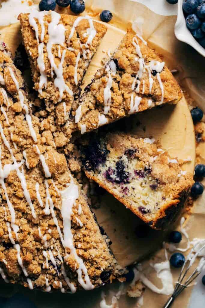 the top of a sliced blueberry sour cream coffee cake
