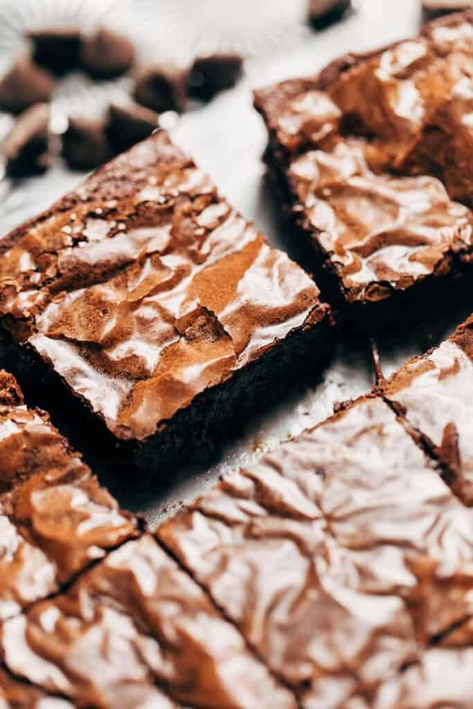 close up on a gluten free brownie with a paper thin top