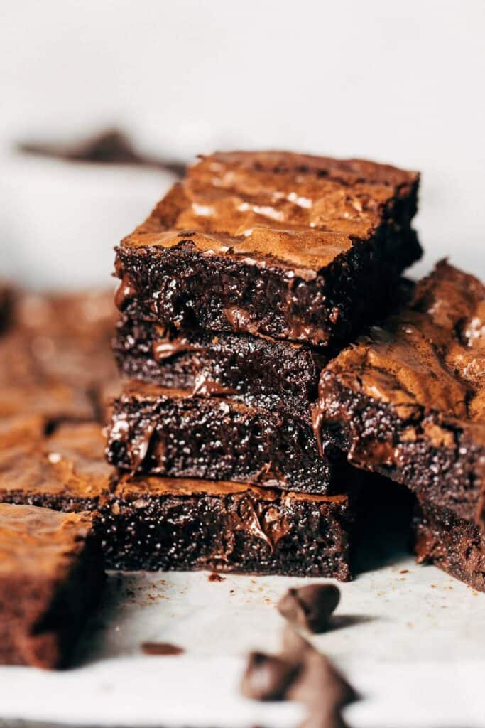 a stack of fudgy gluten free brownies