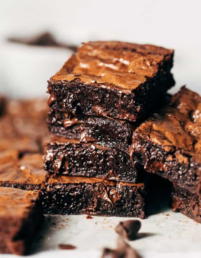 a stack of fudgy gluten free brownies