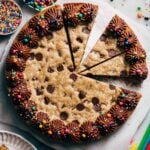 the top of a sliced cookie cake with chocolate frosting