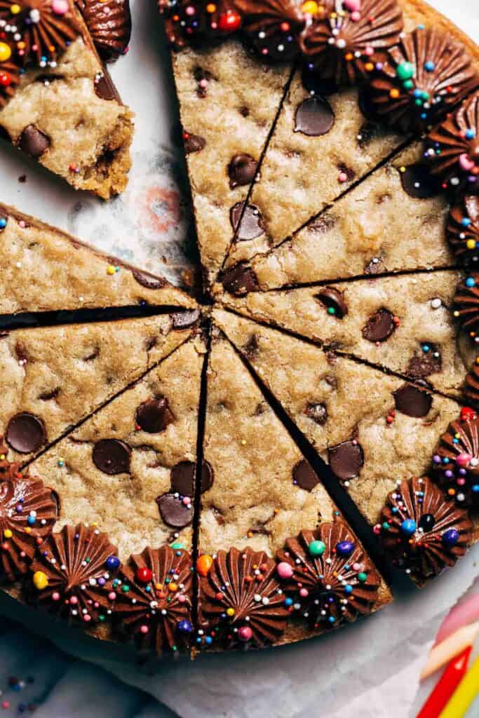 cookie cake with chocolate chips and chocolate frosting