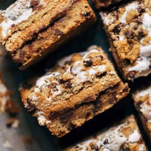 close up on a slice of six layer peanut butter smores bars