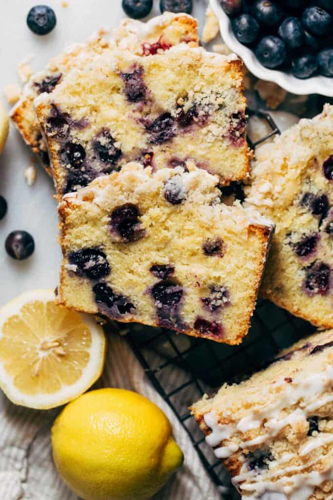 slices of lemon blueberry loaf cake