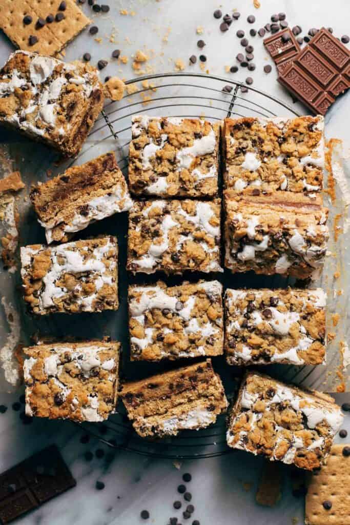 sliced six layer peanut butter s'mores bars