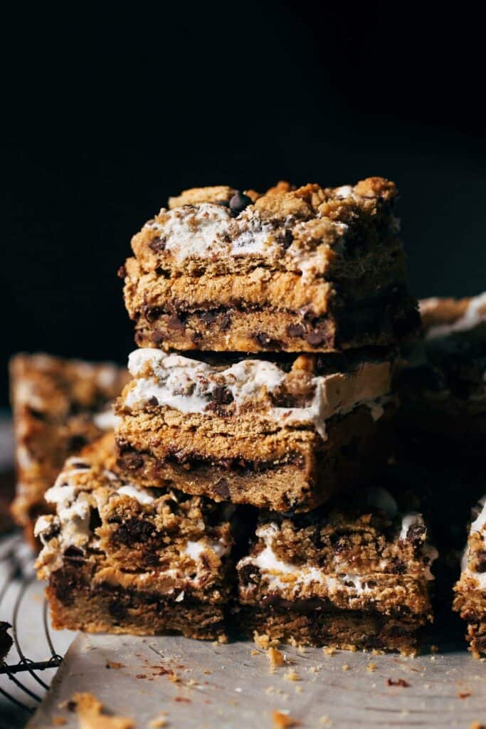 a stack of peanut butter s'mores bars