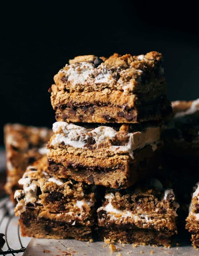 a stack of peanut butter s'mores bars