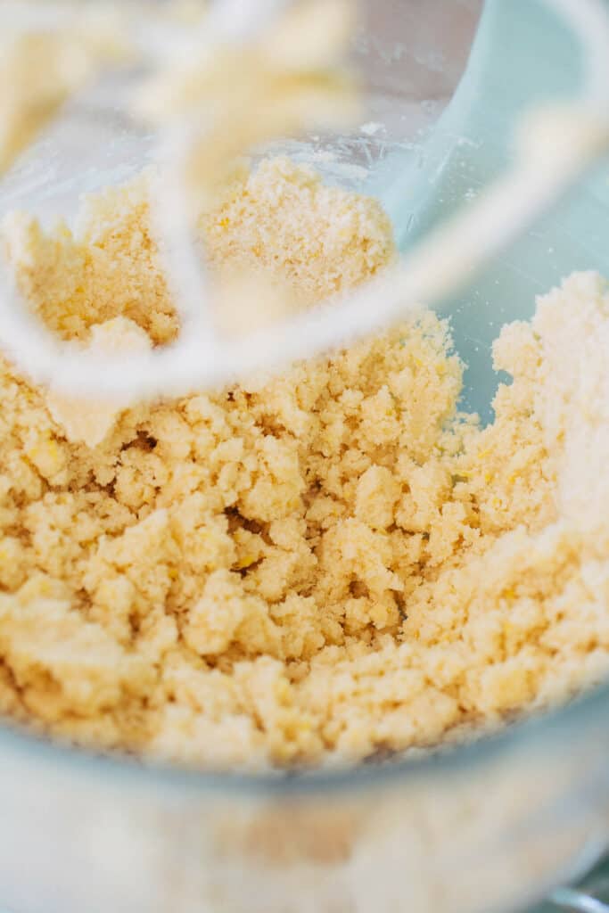 a bowl of dry ingredients and butter mixed together