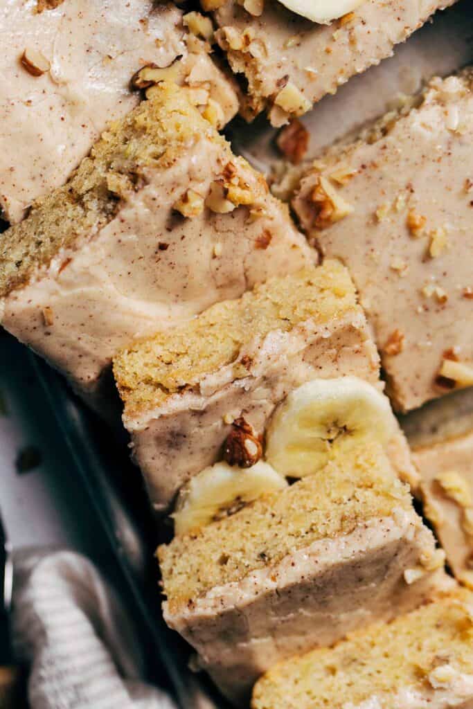 close up on banana bread bar slices