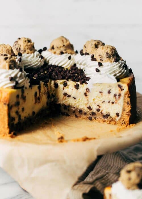 inside a sliced cookie dough cheesecake
