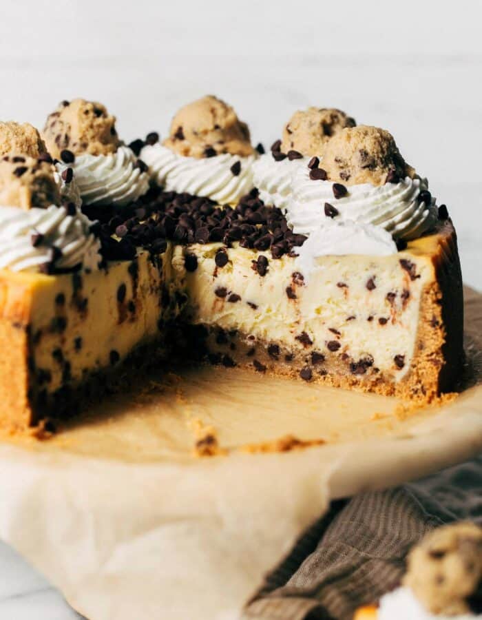 inside a sliced cookie dough cheesecake