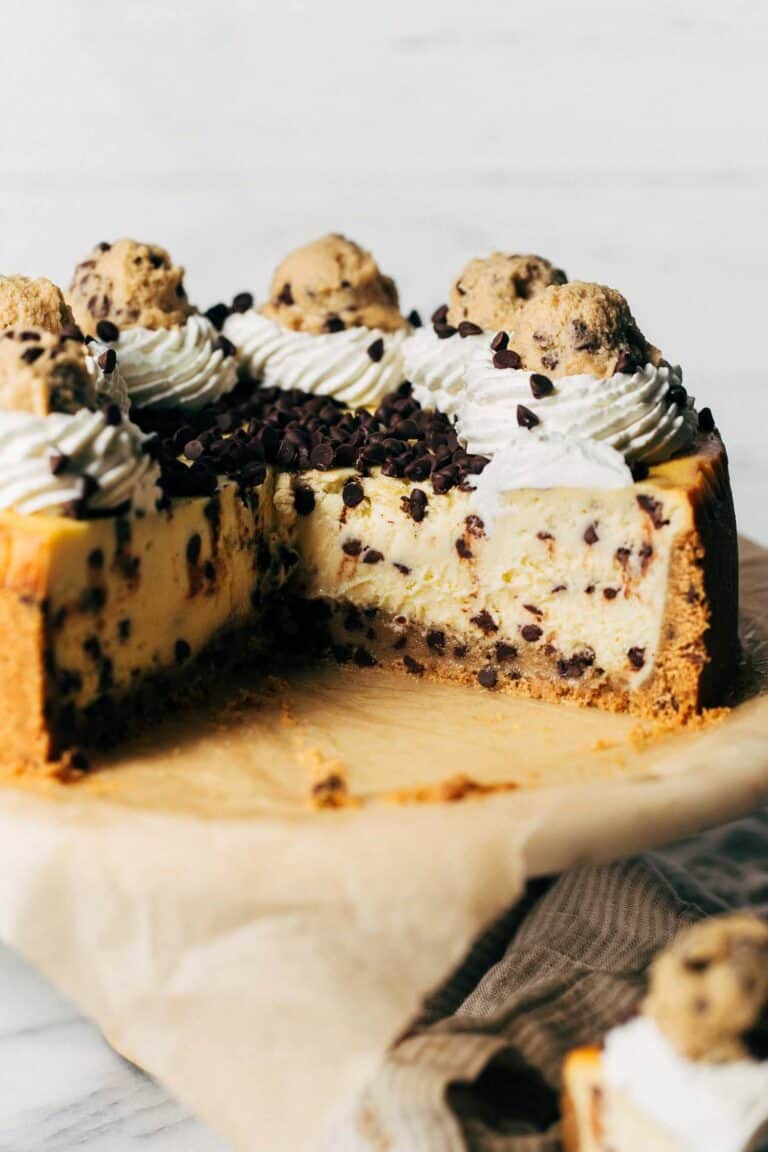 inside a sliced cookie dough cheesecake